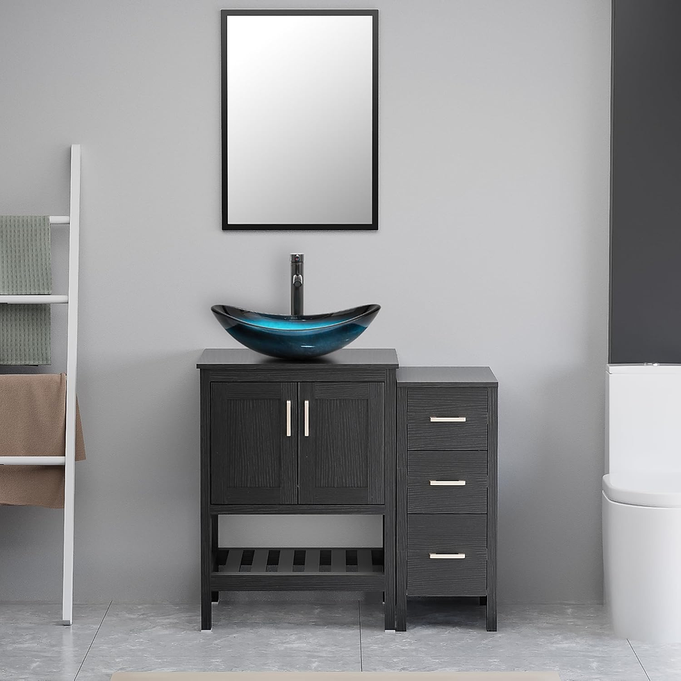 Blue Bathroom Vanity with white countertop and gold hardware, available on Amazon.