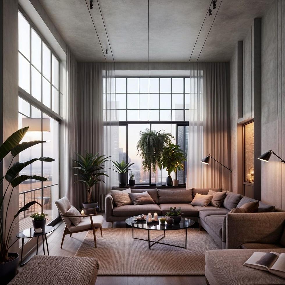 Spacious modern living room with large windows, gray sofas, plants, and a round coffee table. Soft lighting creates a cozy atmosphere.