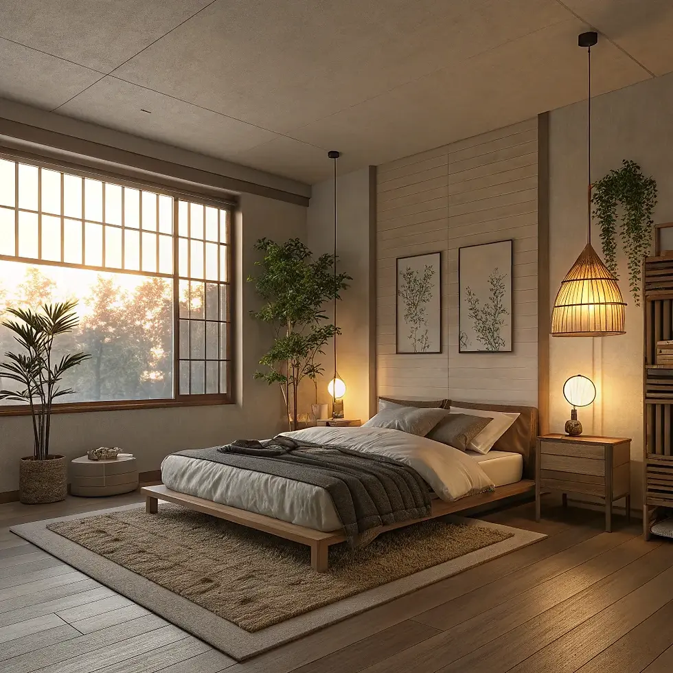 Cozy bedroom with a wooden bed, gray bedding, and soft lighting. Large window shows sunset. Green plants and framed art add a serene touch.