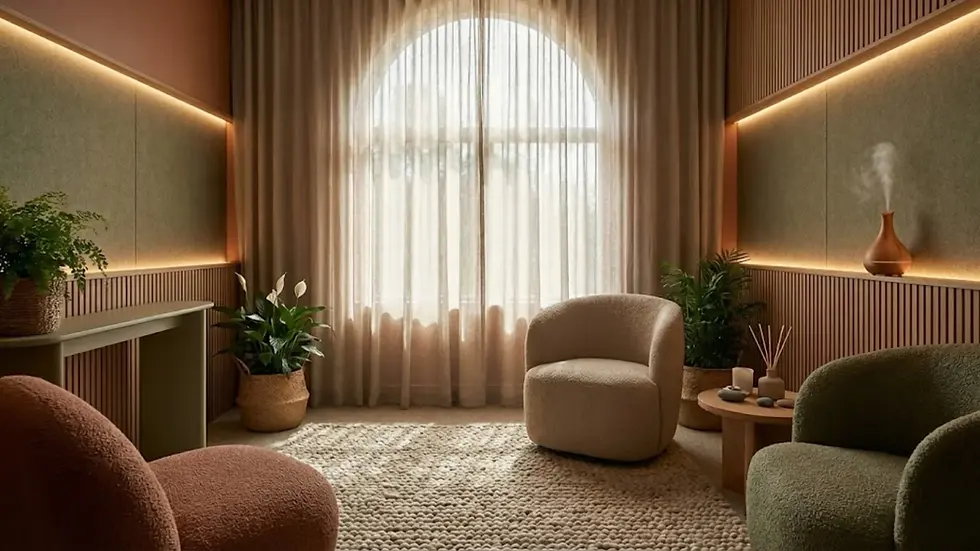 Cozy room with neutral tones, arched window, soft chairs, plants, and ambient lighting. A diffuser emits steam, creating a calm vibe.