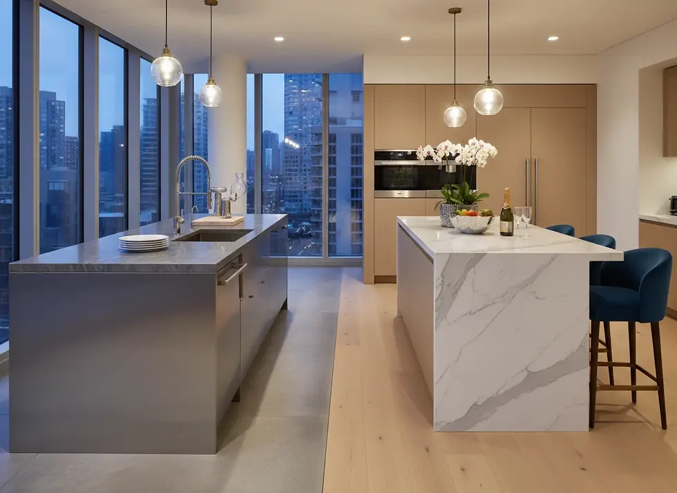 Modern kitchen with marble island, pendant lights, orchids, and city view through large windows. Champagne and fruit on countertop.