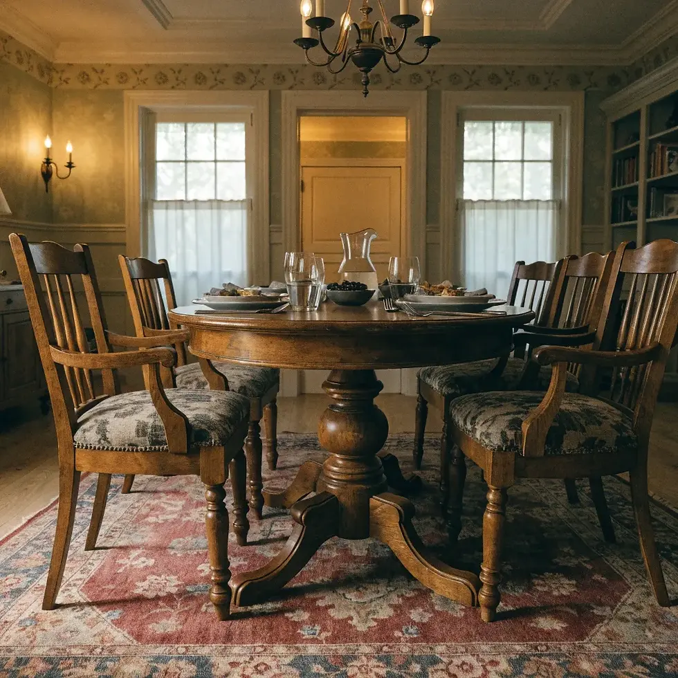 Rustic dining room with a wooden table set for six, a pitcher, plates, and glasses. Warm lighting and a red patterned rug enhance coziness.