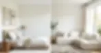 A split-view of two rooms—one with crisp white walls and modern decor, the other with soft off-white walls and cozy textures.