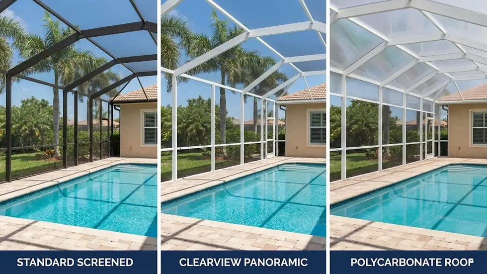Three side-by-side images of a backyard pool with different enclosures: standard screened, clearview panoramic, and polycarbonate roof.