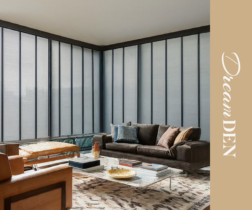 Modern living room featuring a dark brown sofa with colorful throw pillows, a glass coffee table, wooden armchairs, and large floor-to-ceiling windows with vertical blinds. The space is styled with DreamDen branding.
