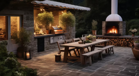Cozy outdoor patio with a wooden dining table, warm fireplace, stone grill area under soft lighting, surrounded by potted plants at night.