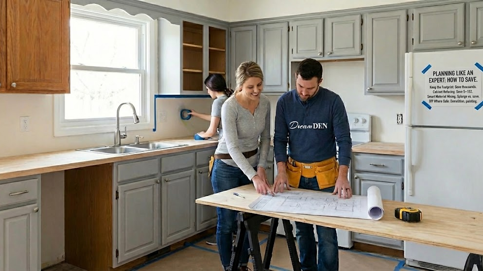 Three people in a kitchen renovation; a couple reviews blueprints, another applies tape. Gray cabinets, plans on fridge. Bright, collaborative mood.