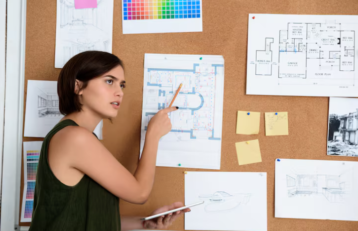Woman pointing at architectural plans pinned on corkboard, holding a tablet. Background includes colorful swatches and diagrams. Focused mood.