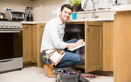 Man kneeling in a kitchen, checking pipes under a sink. He holds a clipboard, looking focused. Tools in a box on tiled floor.