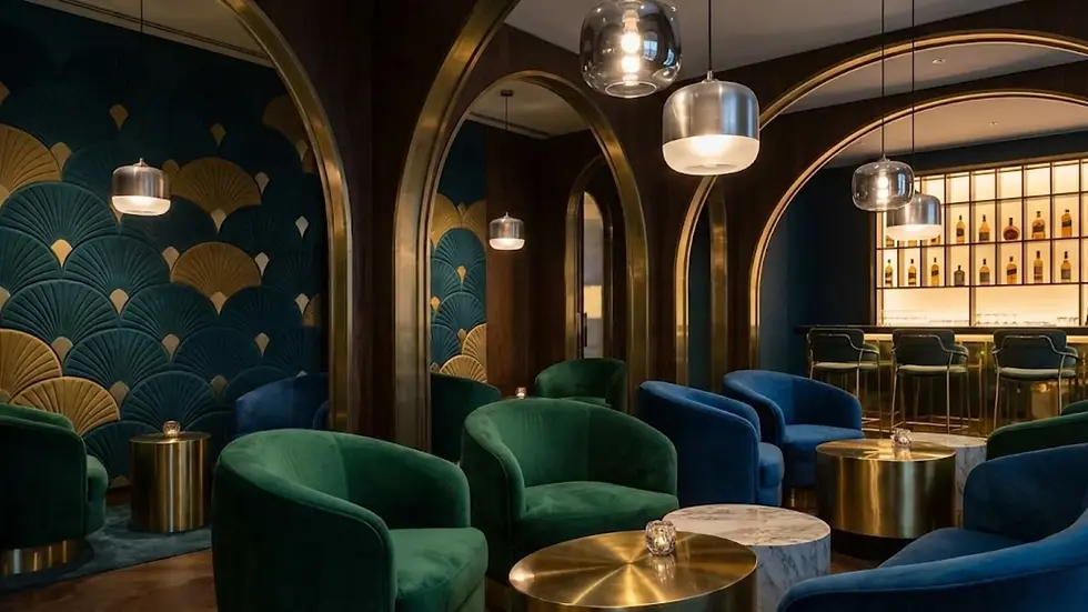 Art deco lounge with green and blue velvet chairs, gold accents, and mirrored arches. Dim lighting creates a luxurious ambiance.