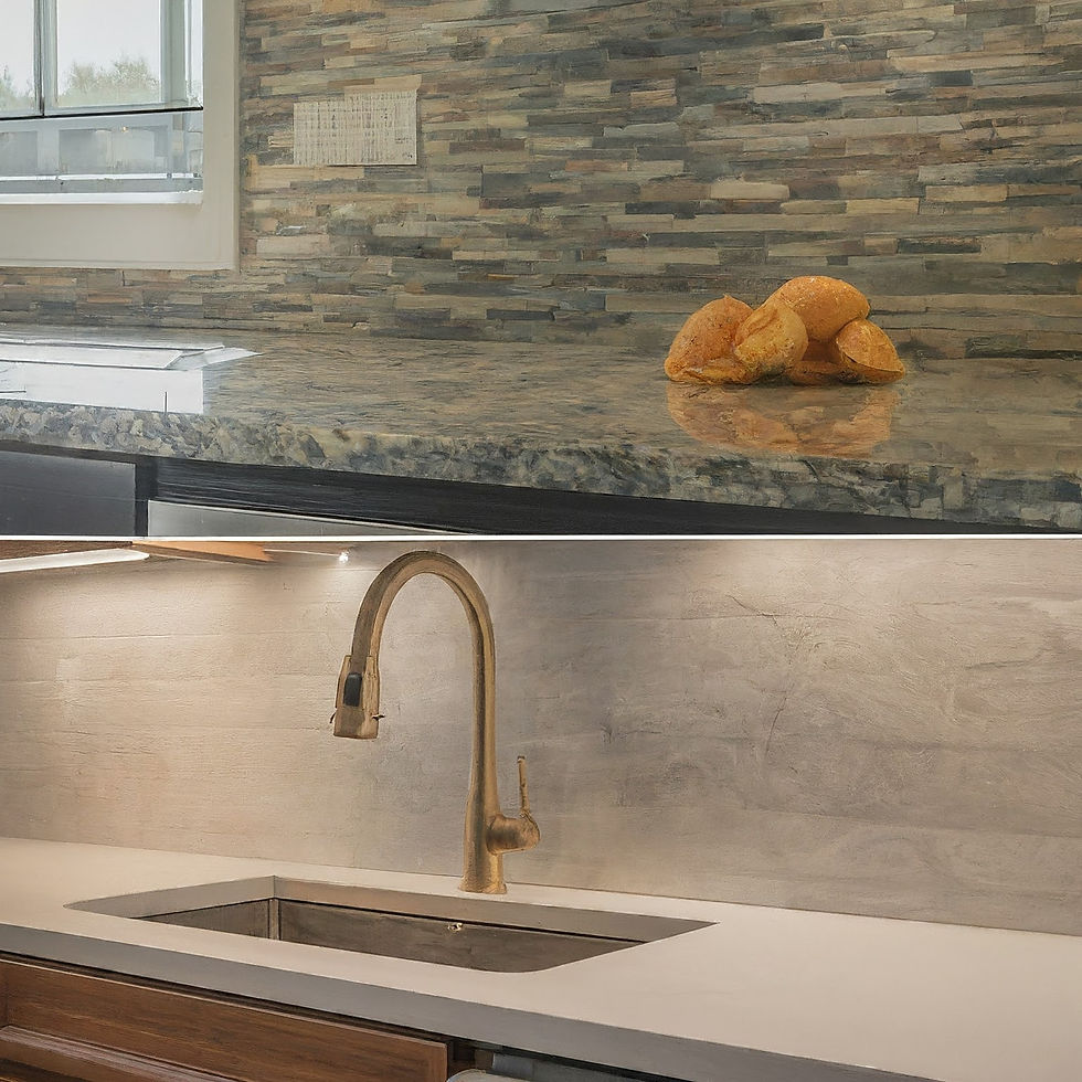 A before-and-after image of a kitchen remodel. The top image shows the kitchen before the remodel, with a dark countertop and backsplash. The bottom image shows the kitchen after the remodel, with a new countertop, backsplash, and faucet.