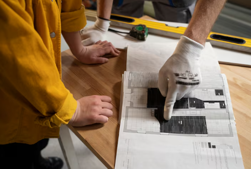 Two people study a floor plan on a table. One points with a gloved hand. A level is visible. The person wears a yellow jacket.