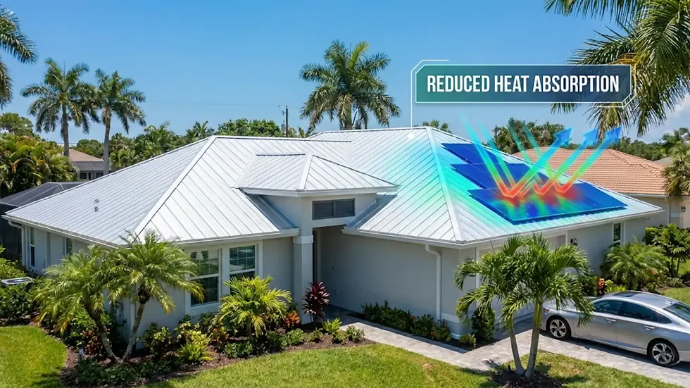 White house with a metal roof displaying heat map and "Reduced Heat Absorption" text. Palm trees and a silver car in the driveway.