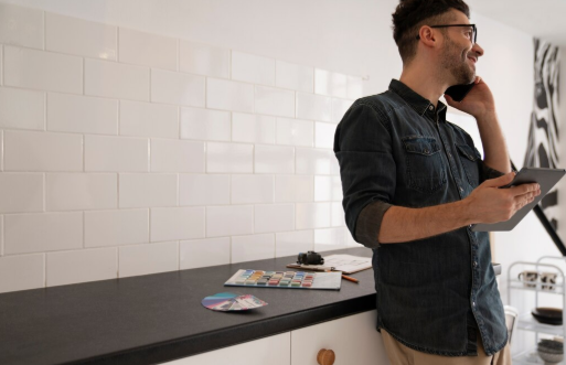 A man in glasses holds a tablet and talks on the phone, smiling. He's in a kitchen with white tiles and a counter with papers and a CD.