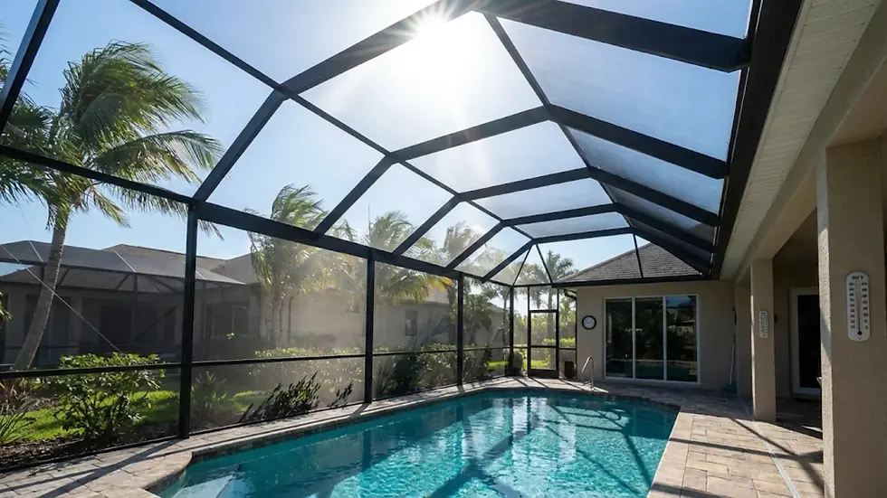 Sunny poolside enclosure with clear blue water, palm trees, and sunlit screen roof. Thermometer and wall clock visible. Calm atmosphere.
