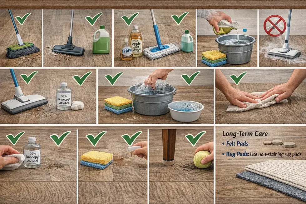 Guide on floor care with various cleaning tools, products, and green check marks indicating approval. Includes tips for long-term care.