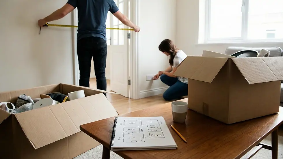 Man measures wall, woman installs outlet in a bright room with boxes. Open notebook shows a floor plan. Moving or home setup scene.