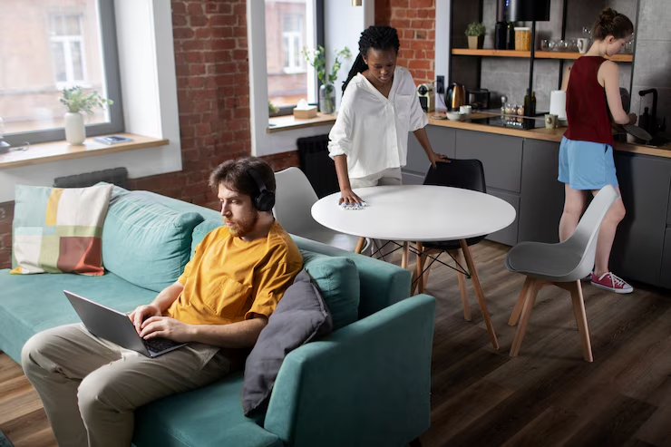 Three people in a modern apartment. One in headphones uses a laptop on a teal sofa. Another cleans a table. The third is at the sink. Cozy vibe.