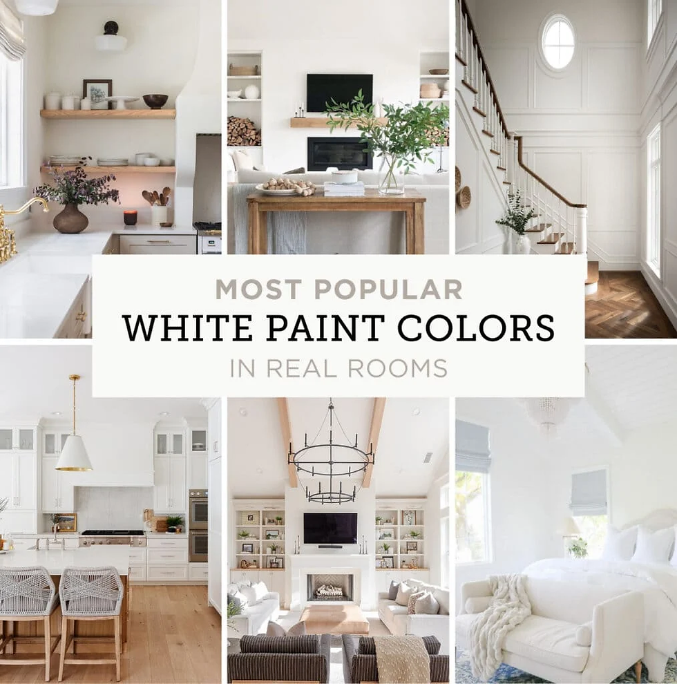 Collage of elegant, bright rooms showcasing white paint and decor. Features kitchens, living room, staircase, and text: Most Popular White Paint Colors.