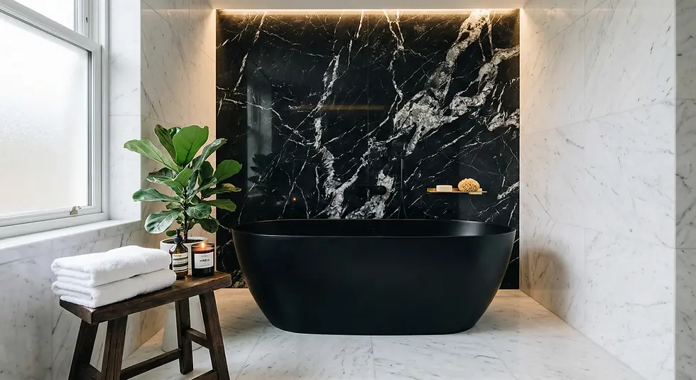 Modern bathroom with a black marble wall, black tub, and a stool holding towels and a plant. Soft lighting creates a serene mood.