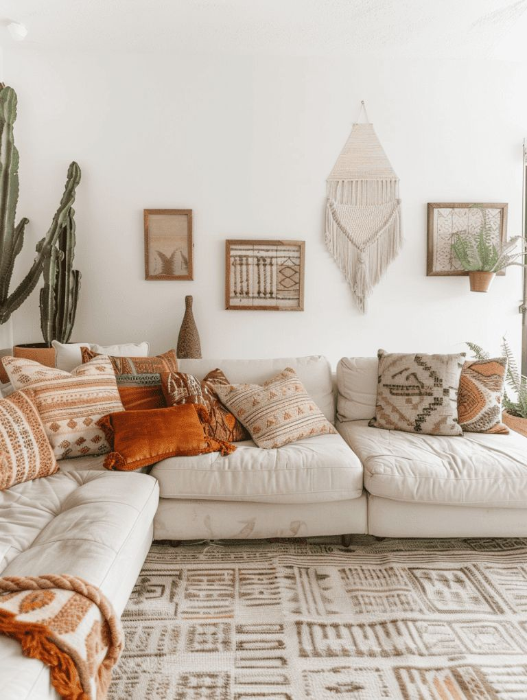 Boho Chic Interior Design in a living room featuring a white sectional sofa adorned with patterned throw pillows in warm earthy tones, a textured area rug, macramé wall art, and natural greenery.