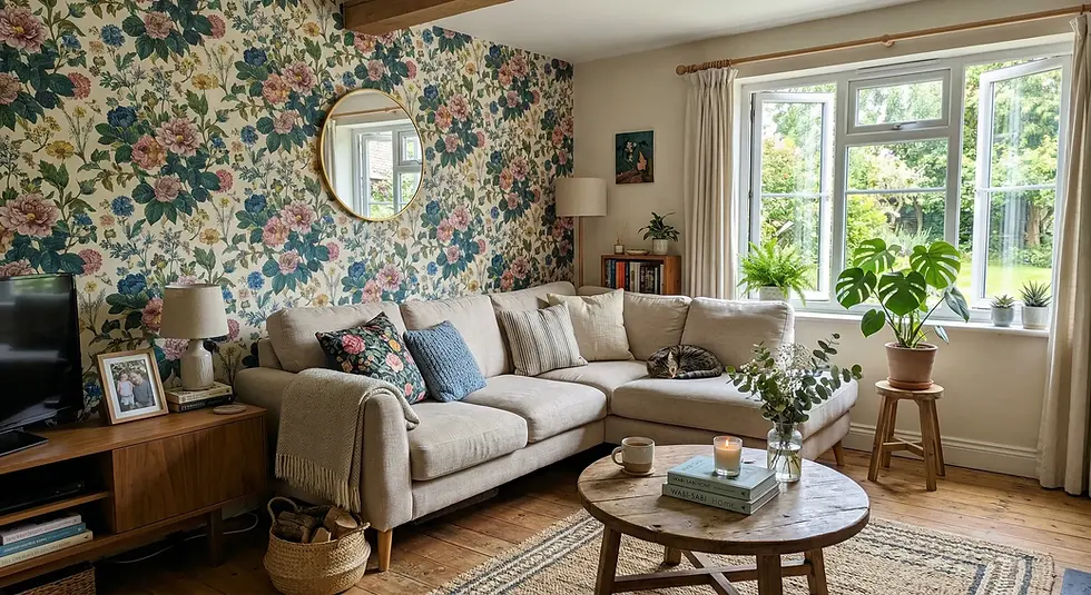 Cozy living room with floral wallpaper, beige sofa, and a sleeping cat. Green plants by a large window, wooden table with candles. Peaceful vibe.