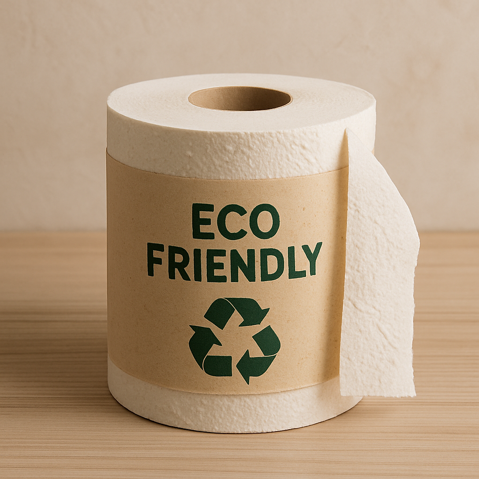 Eco-friendly toilet paper roll with a green recycling symbol and text on brown paper, situated on a wooden surface, neutral background.