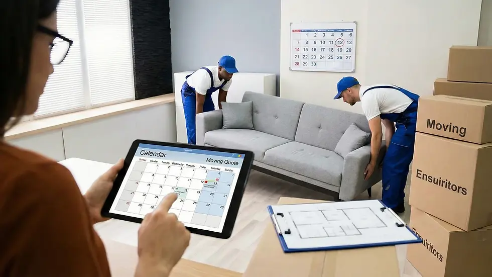 Two movers in blue uniforms lift a gray sofa near stacked boxes labeled "Moving." A person using a tablet calendar. Bright room setting.