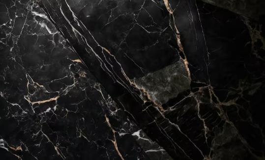 Dark marble surface with white and gold veins, displaying an elegant, luxurious pattern. The setting is abstract with no visible text.