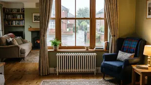 A detailed photograph captures a cozy, traditional British living room centered on a large, multi-paned wooden-framed window with a white column radiator below. On the windowsill rest a potted fern, a coffee mug, and a stack of books, looking out onto a rain-slicked street and brick houses. To the left, a comfortable sofa and built-in bookshelves are visible, while to the right, a blue wingback armchair with a tartan blanket sits next to a side table with a lit lamp. Wide-plank wood flooring and a rug complete the warm interior.