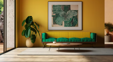 Stylish room with a yellow wall, green and yellow couch, abstract painting, large green plant, and a wooden coffee table. Bright and modern.