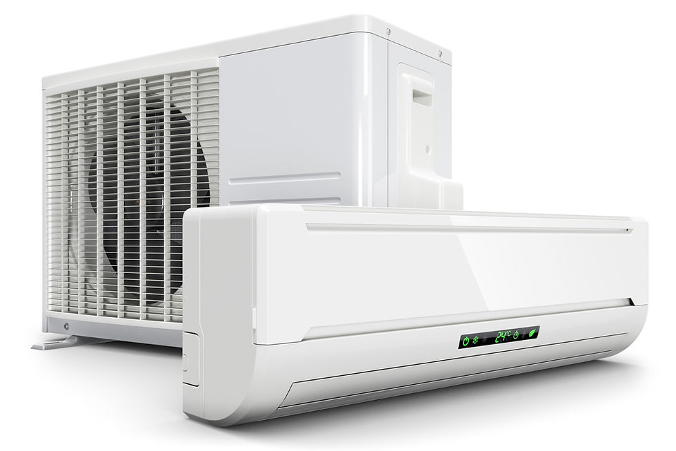 White air conditioning unit and outdoor compressor on a white background. Display shows 24°C. Clean, modern design.