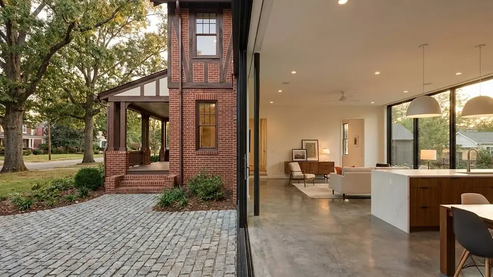 Brick house with porch, modern interior with open living space. Glass walls separate indoors and outdoors. Warm, inviting atmosphere.