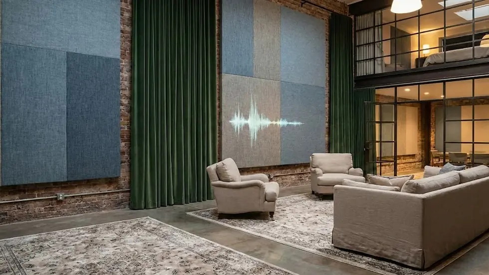 Spacious loft with beige sofas, blue-gray panels, and green curtains. A sound wave graphic decorates one wall. Industrial vibe with cozy rugs.