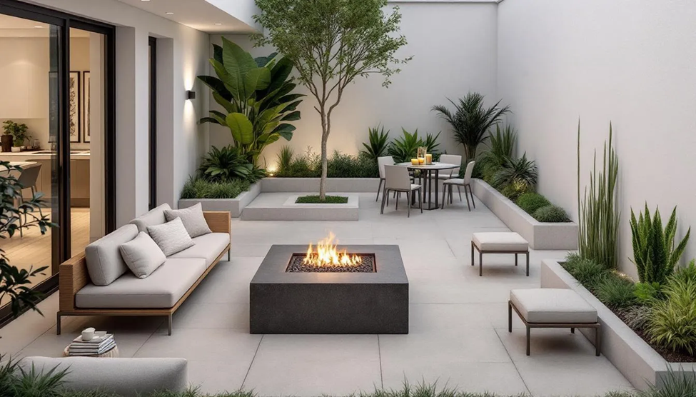 Modern patio with a central fire pit, surrounded by seating, lush plants, and a dining table. Warm, inviting atmosphere in a minimalist design.