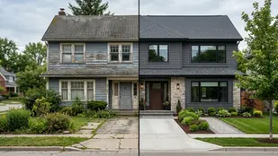 Split image of two houses: left shows an old, weathered house with overgrown lawn; right displays a modern, renovated home with neat landscaping.