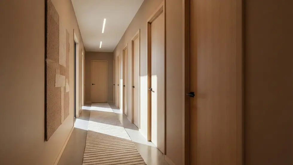 Modern hallway with wooden doors on both sides, beige walls, abstract wall art, and a striped rug. Soft lighting creates a calm atmosphere.