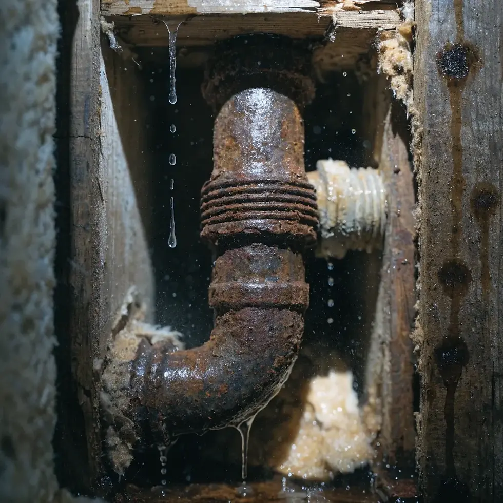 Rusty pipe with water dripping in a dimly lit wooden wall. Moisture and decay visible, suggesting neglect and damage.