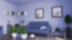 Blue-themed living room with a blue sofa, glass table, plants, and white frames on walls. Shelves hold decor items. Calm and modern mood.