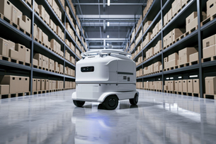 Autonomous white robot moves through a warehouse with tall shelves of boxes. The setting is industrial, with bright, even lighting.