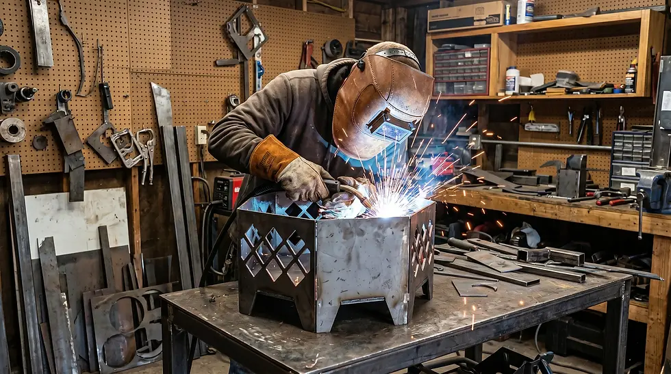 A person welding a metal object in a workshop, wearing a helmet and gloves. Sparks fly, with tools and materials in the background.