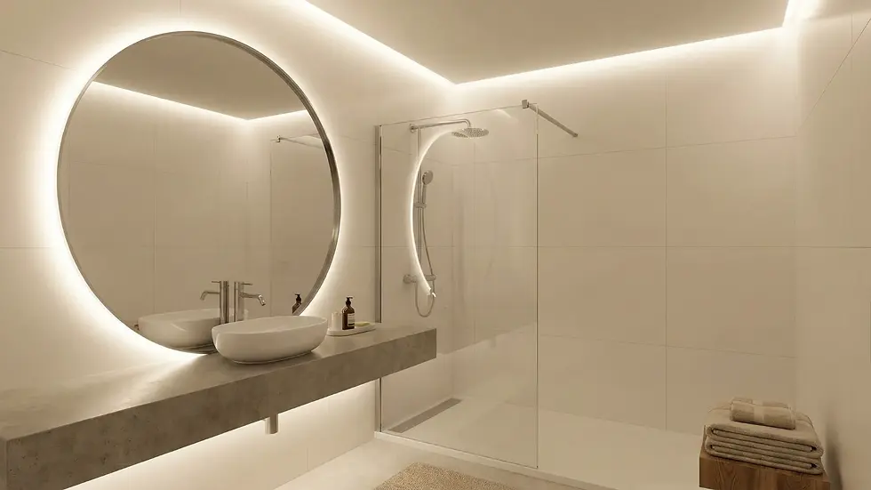 Modern bathroom with a large round backlit mirror, vessel sink, and walk-in shower. Towel stack on wooden stool. Soft, warm lighting.
