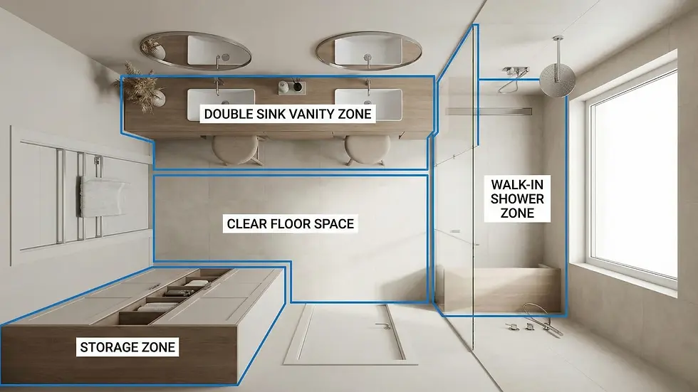 Bathroom layout with a double sink vanity, storage zone, clear floor space, and walk-in shower. Neutral tones, labeled in bold text.