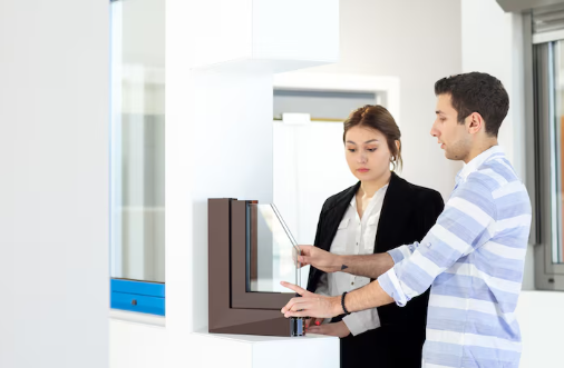 Two people discuss a window frame model indoors. The man gestures towards the window, both appear focused. Bright setting, modern interior.