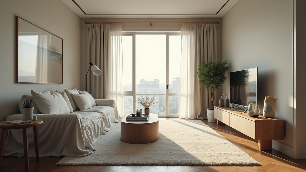 Wide angle view of a living room with protective coverings and renovation tools
