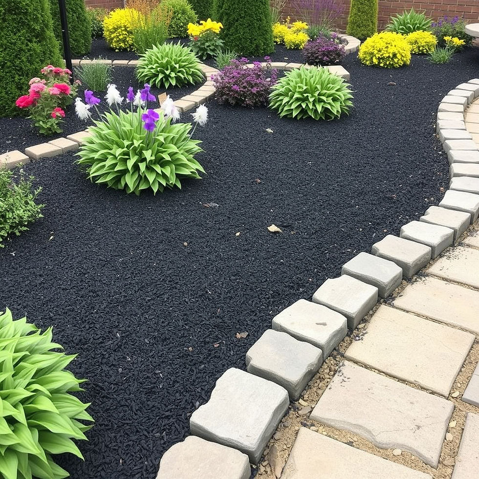 Colorful garden with green shrubs and vibrant flowers on black mulch, bordered by a stone path. Bright and lush setting.