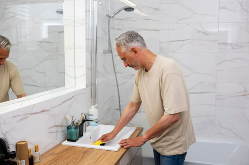 Man cleaning sink with sponge in marble bathroom. Tan shirt, blue jeans, wooden countertop. Reflective mood. Toiletries visible. No text.