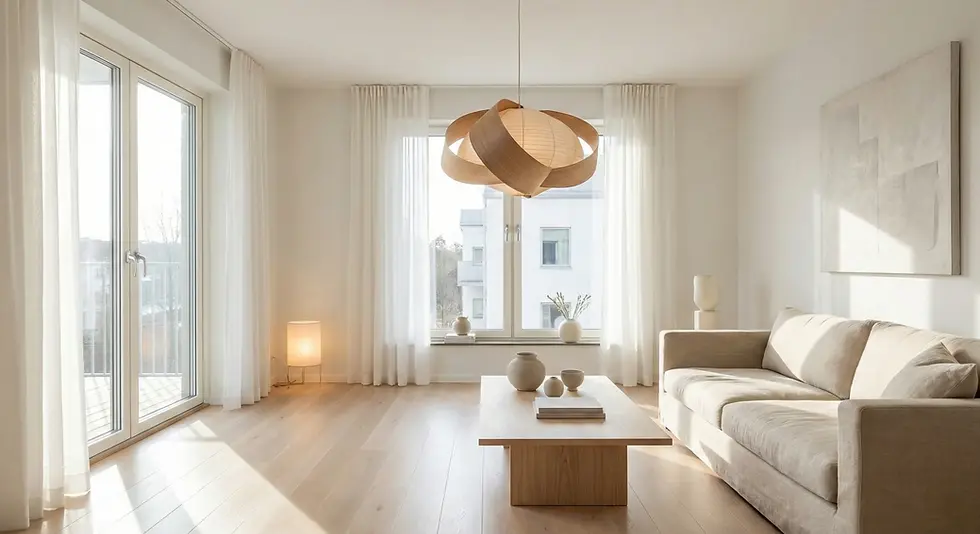 Minimalist living room with a beige sofa, wooden coffee table, and modern pendant light. Light filters through large windows, creating a serene mood.
