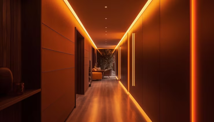 Modern hallway with warm orange lighting, sleek panels, and a distant sofa near plants. Ambient, futuristic mood with no visible text.