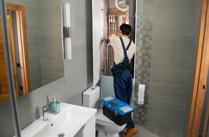 Plumber in blue overalls fixing pipes in a gray bathroom. Tool box on floor, modern sink and light fixture visible.